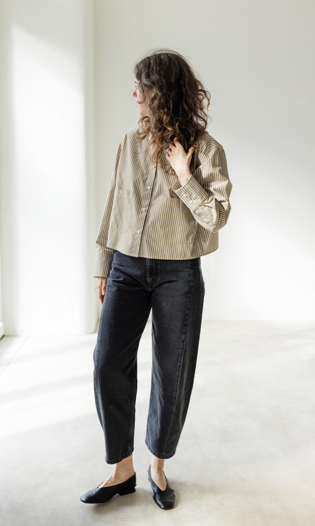 Cropped Oversized Hemd Olive Gestreift