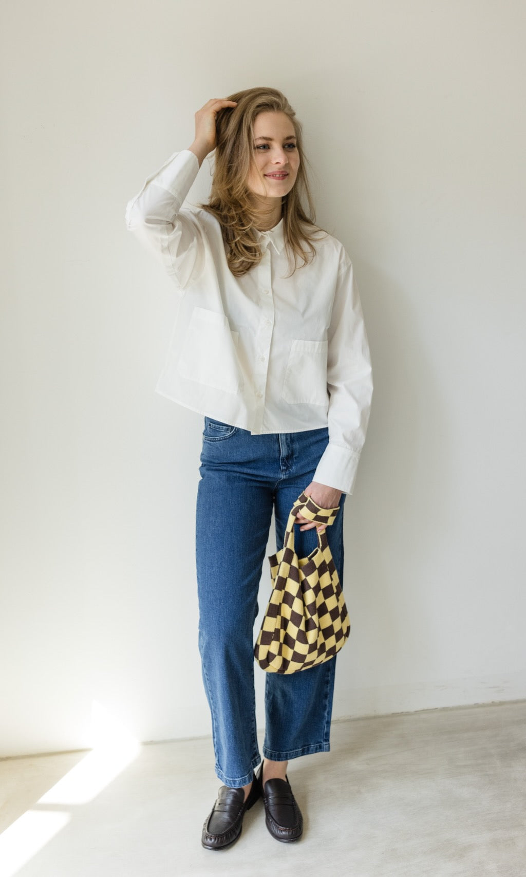 Stricktasche mit Karomuster Hellgelb - abricot coco