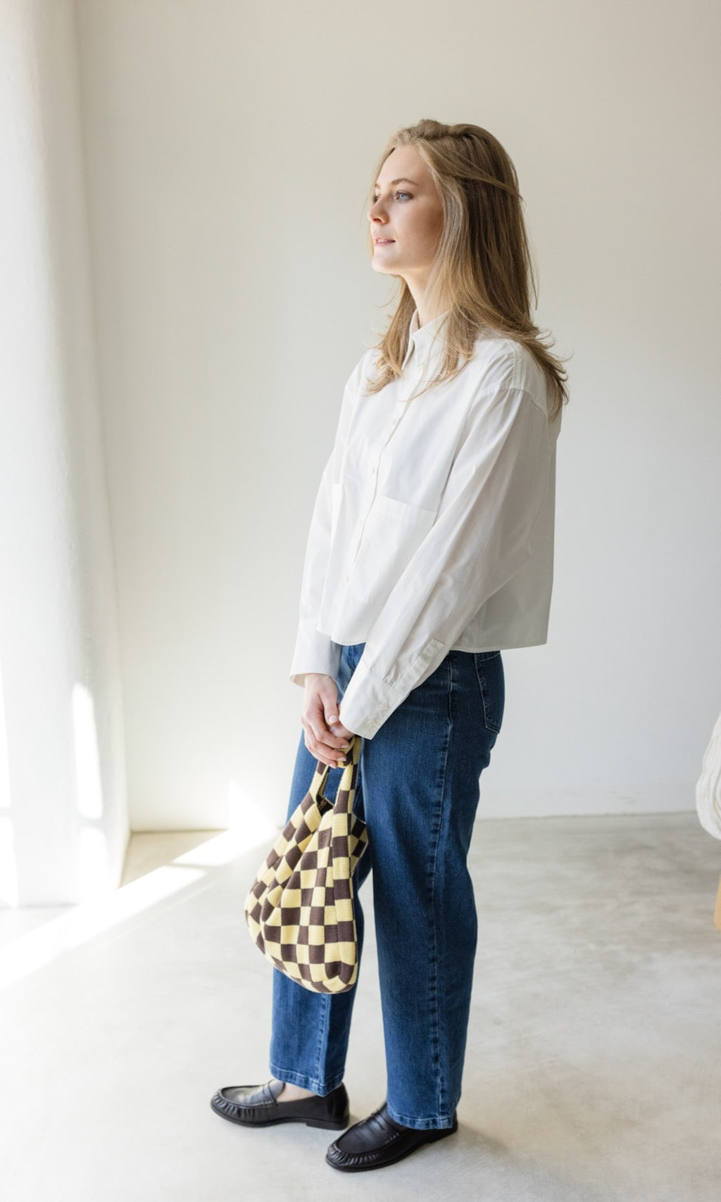 Stricktasche mit Karomuster Hellgelb - abricot coco