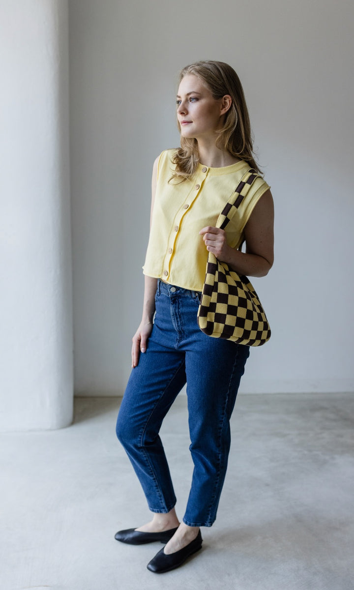 Stricktasche mit Karomuster Hellgelb - abricot coco