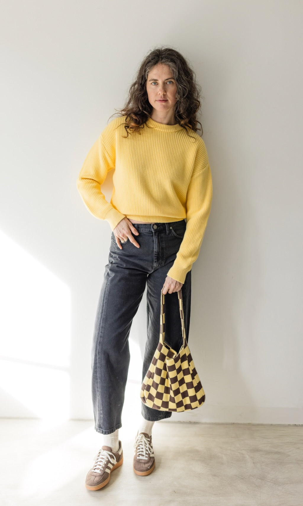 Stricktasche mit Karomuster aus Bio Baumwolle