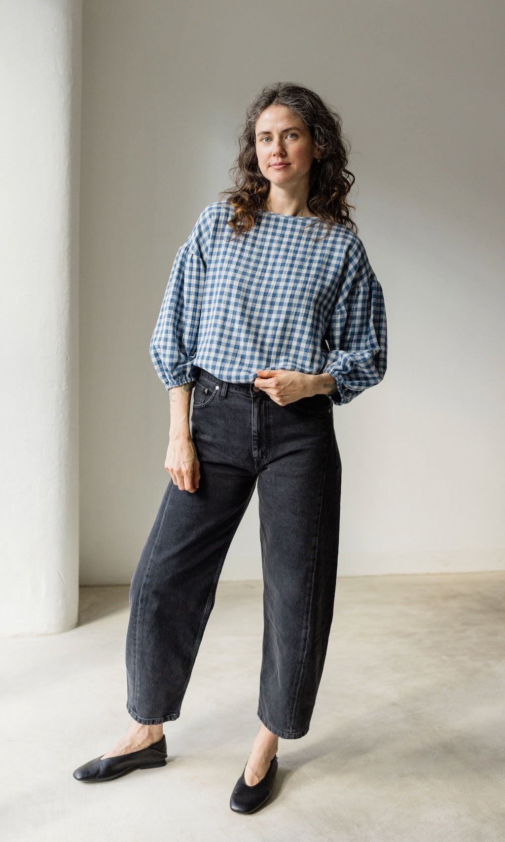 Bluse April in Karo Blau - abricot coco