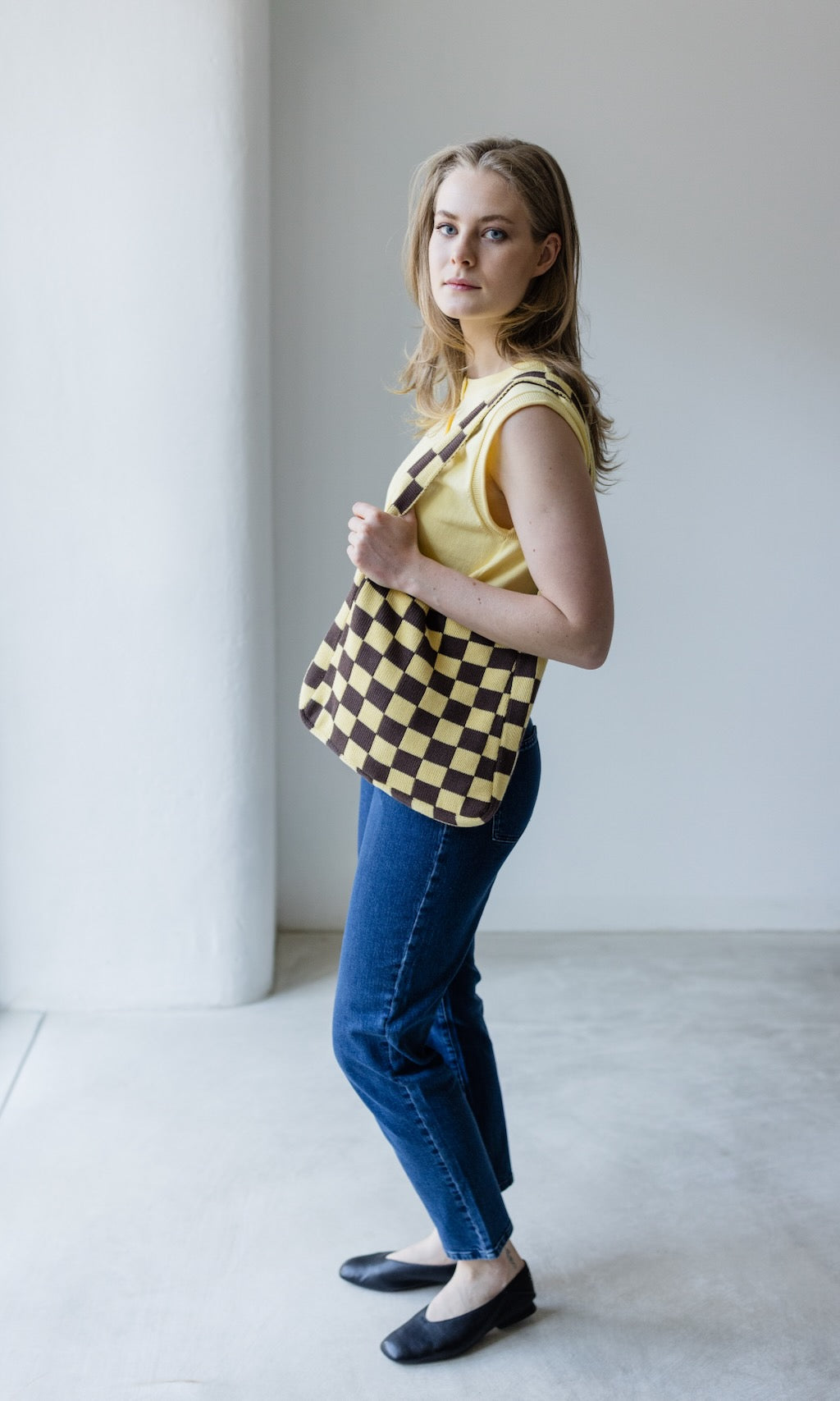 Stricktasche mit Karomuster Hellgelb - abricot coco