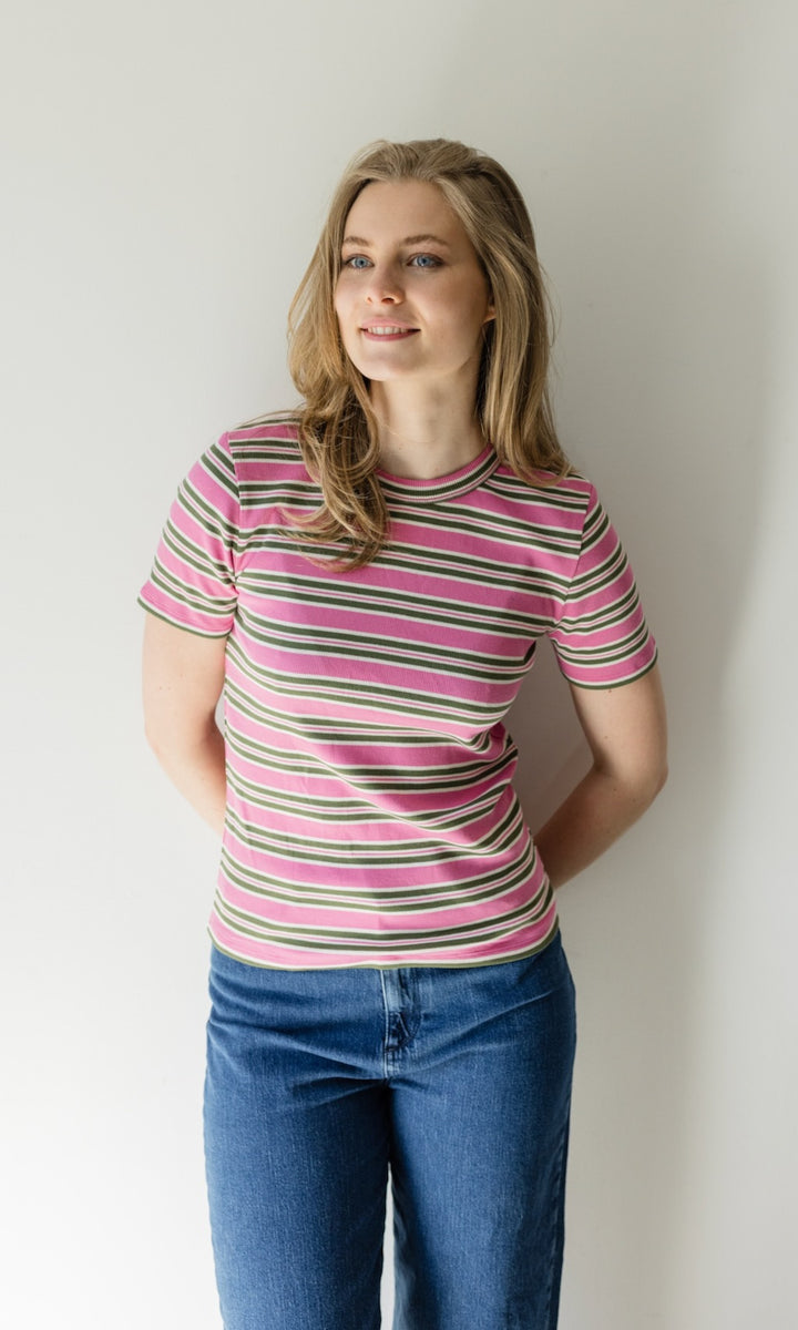 Gestreiftes Kurzarmshirt Zoé in Rose-Grün - abricot coco