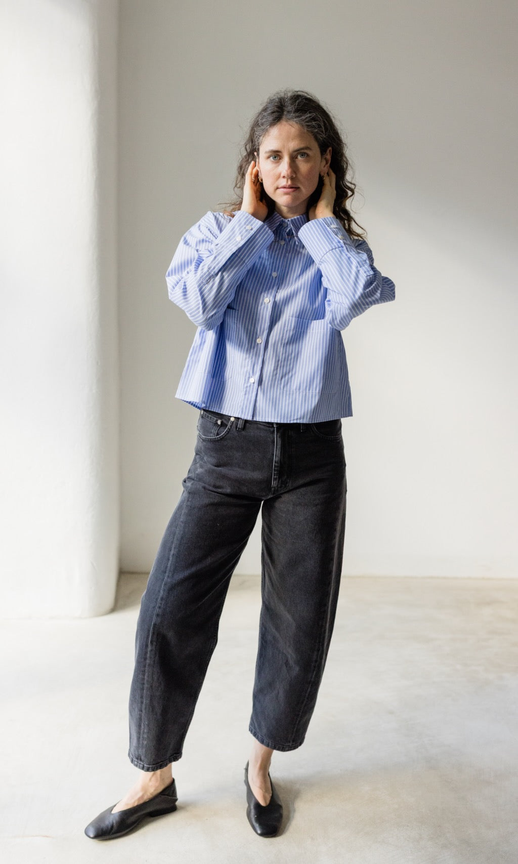 Cropped Oversized Hemd Hellblau Gestreift