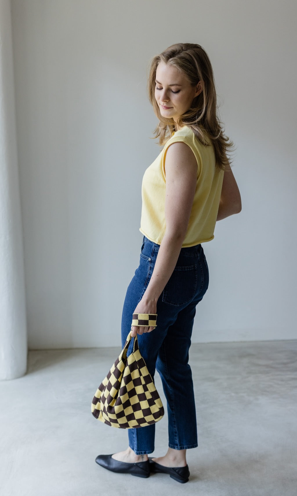 Stricktasche mit Karomuster Hellgelb - abricot coco