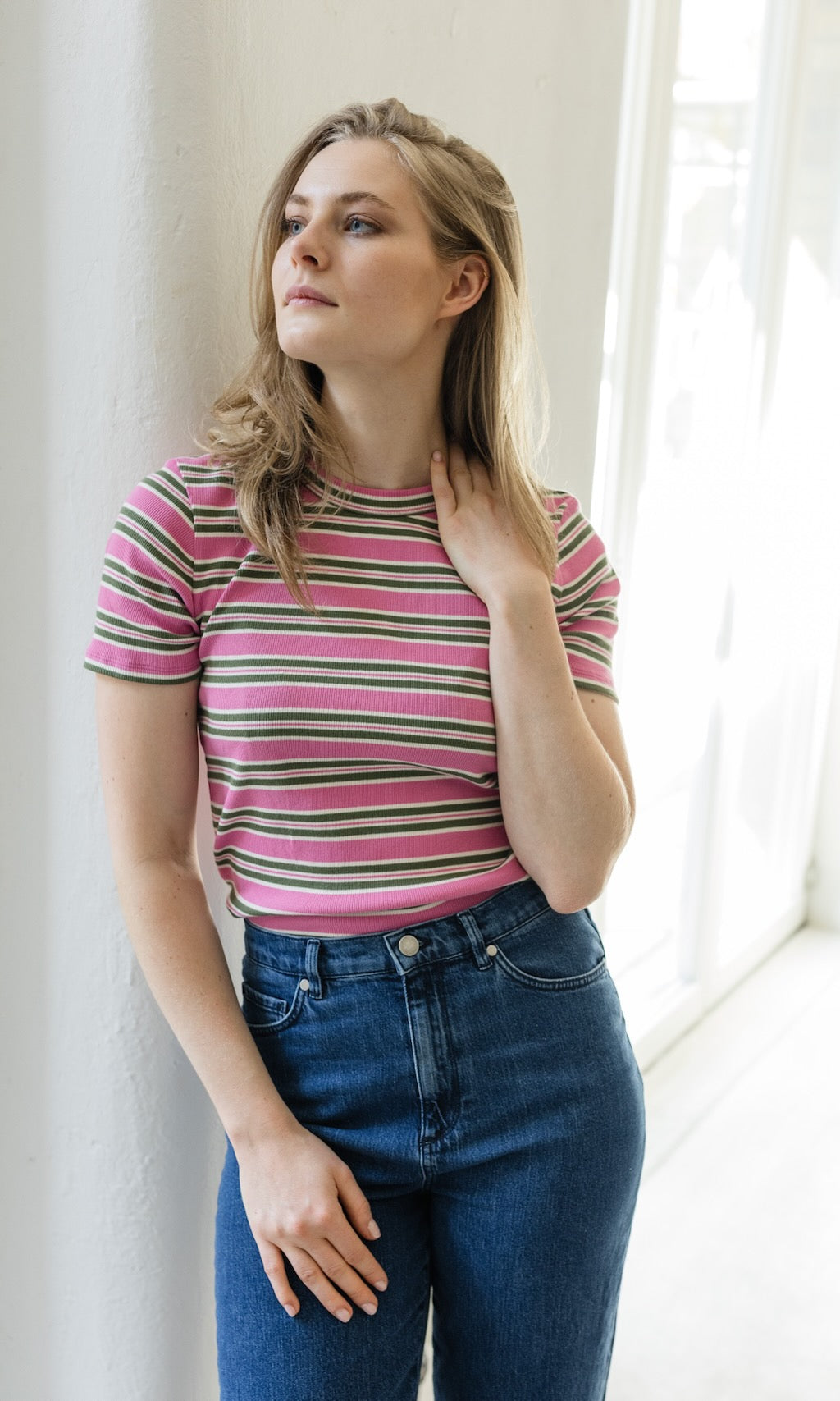 Gestreiftes Kurzarmshirt Zoé in Rose-Grün - abricot coco