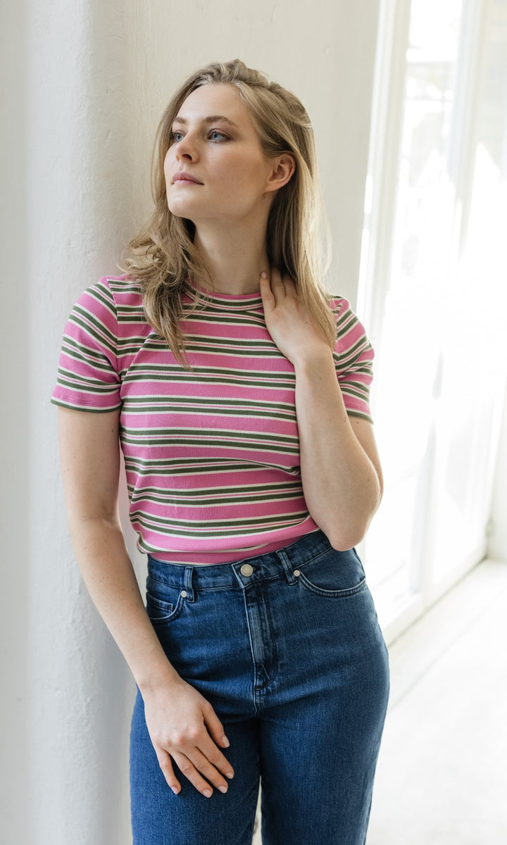 Gestreiftes Kurzarmshirt Zoé in Rose-Grün - abricot coco