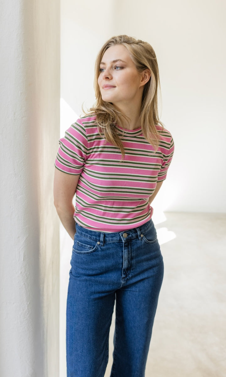 Gestreiftes Kurzarmshirt Zoé in Rose-Grün - abricot coco