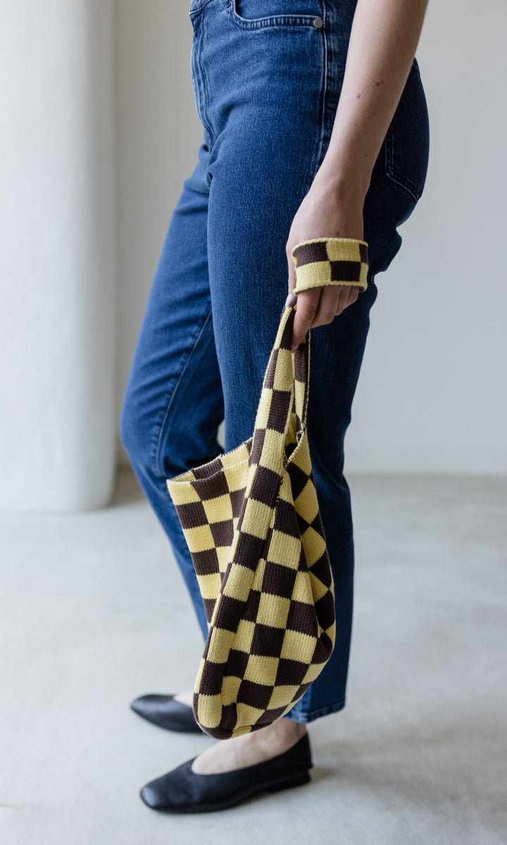 Stricktasche mit Karomuster Hellgelb - abricot coco