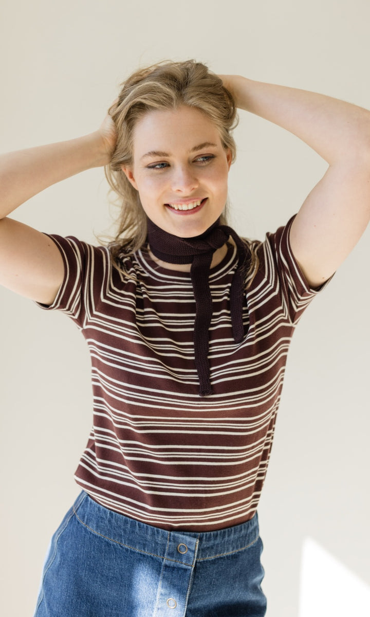 Gestreiftes Kurzarmshirt Zoé Chocolat -Weiß - abricot coco