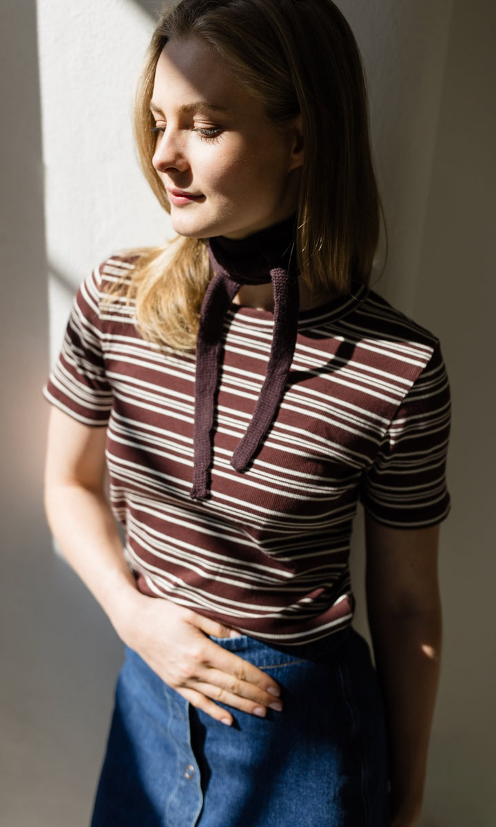 Gestreiftes Kurzarmshirt Zoé Chocolat -Weiß - abricot coco