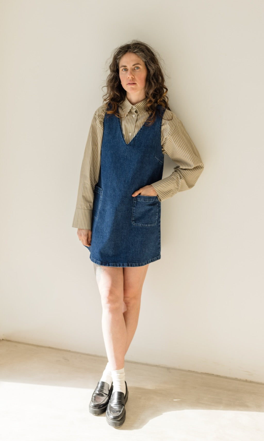 Cropped Oversized Hemd Olive Gestreift