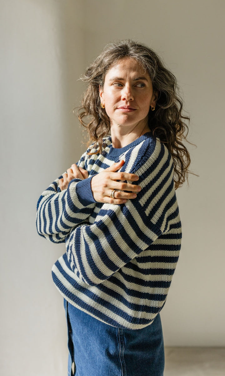 Gestreifter Strickpullover aus Bio Baumwolle - abricot coco