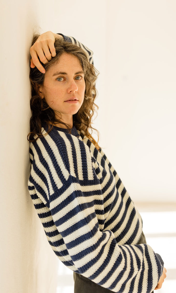 Gestreifter Strickpullover aus Bio Baumwolle - abricot coco