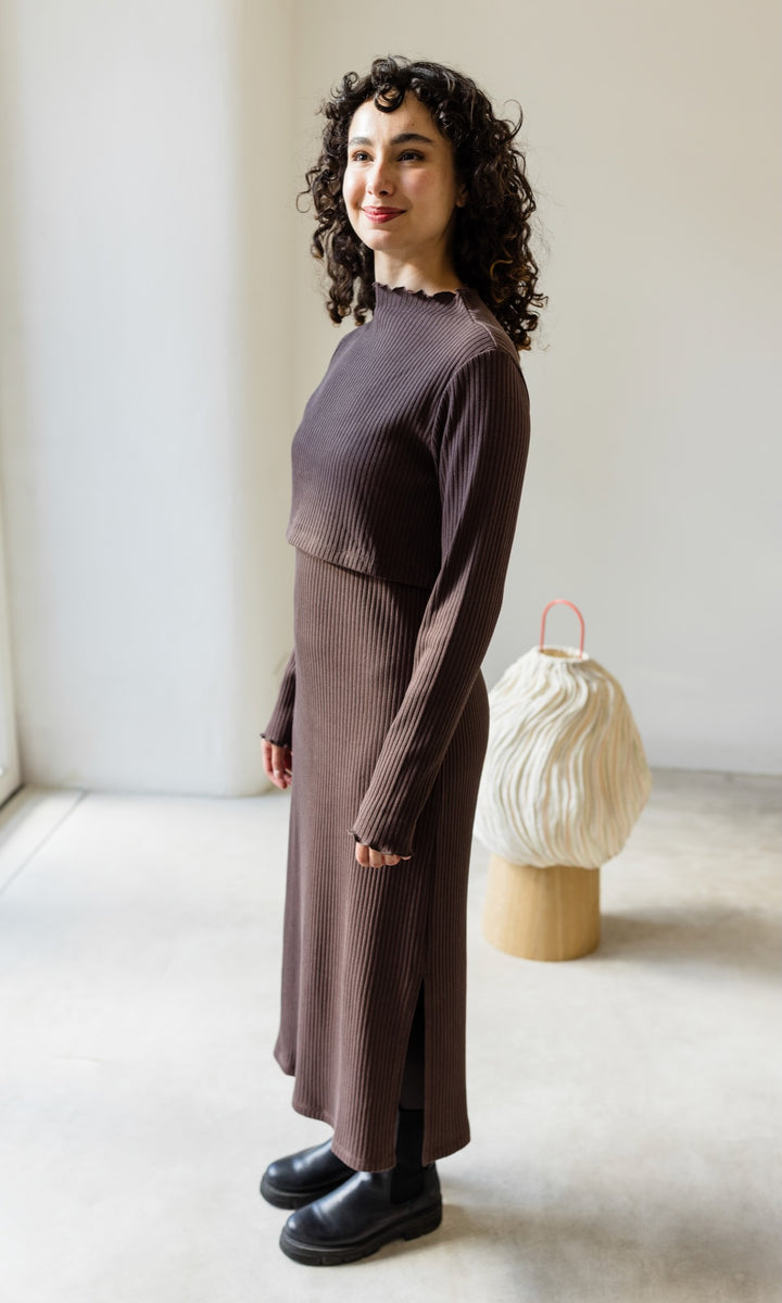 Langes Strickkleid Jil mit Stillfunktion in Chocolat