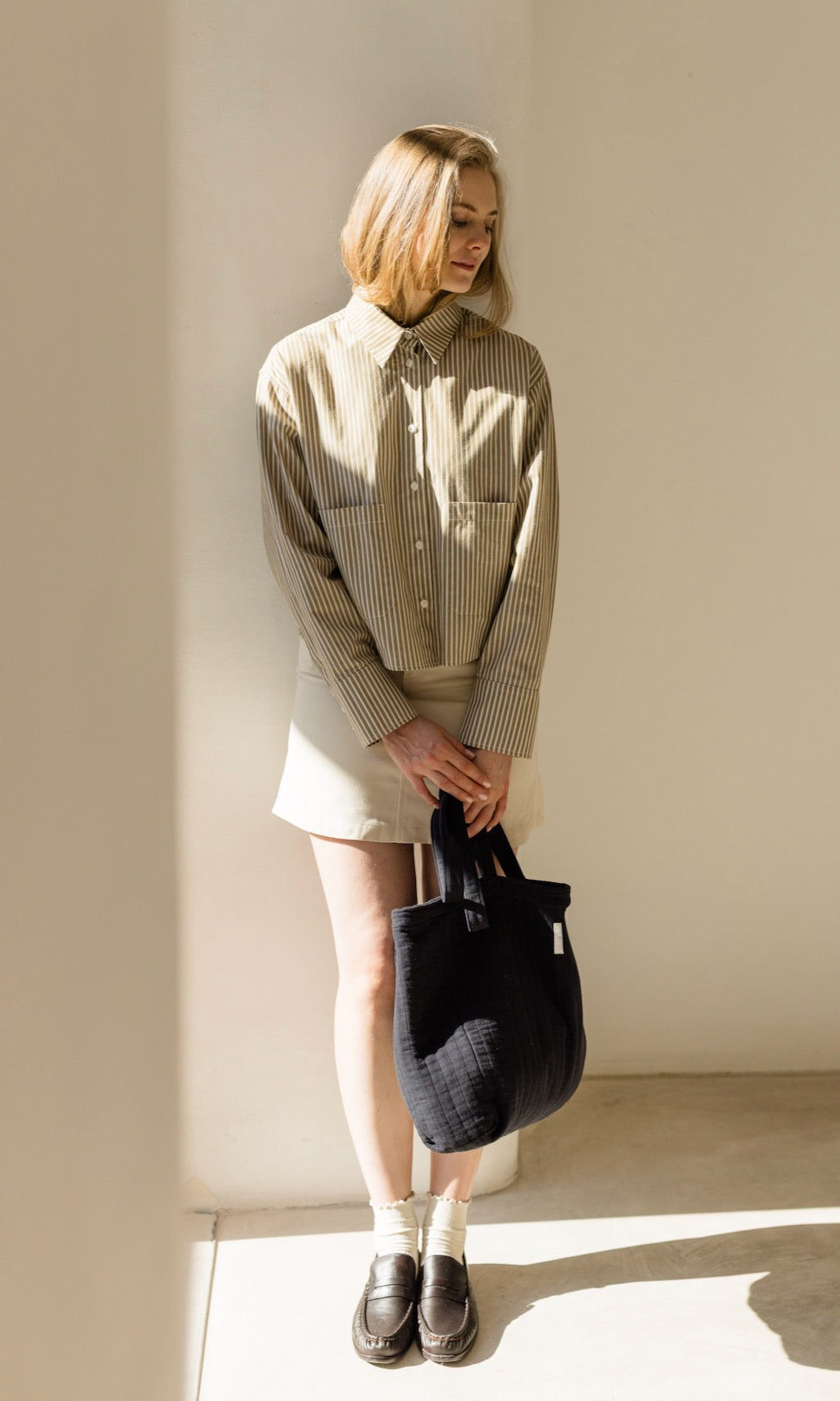 Cropped Oversized Hemd mit aufgesetzten Taschen - abricot coco