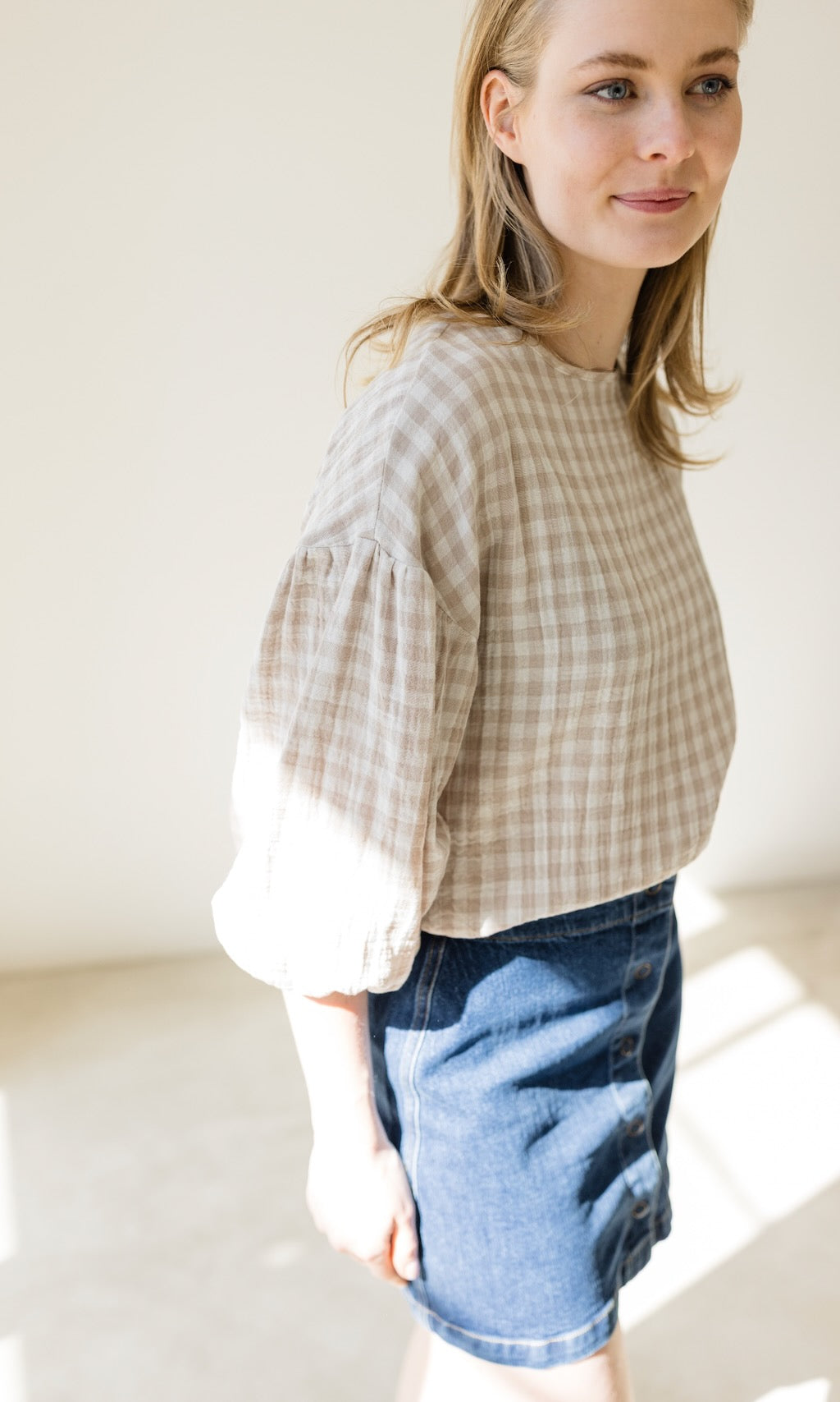 Bluse April in Karo Sesam - abricot coco