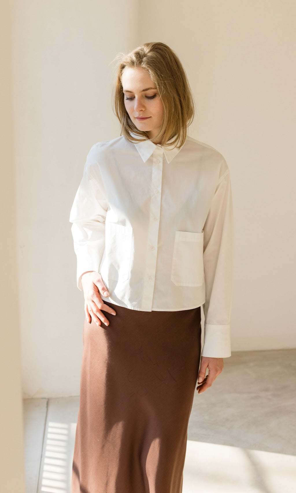 Cropped Oversized Hemd mit aufgesetzten Taschen - abricot coco