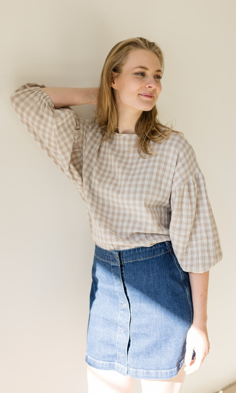 Bluse April in Karo Sesam - abricot coco