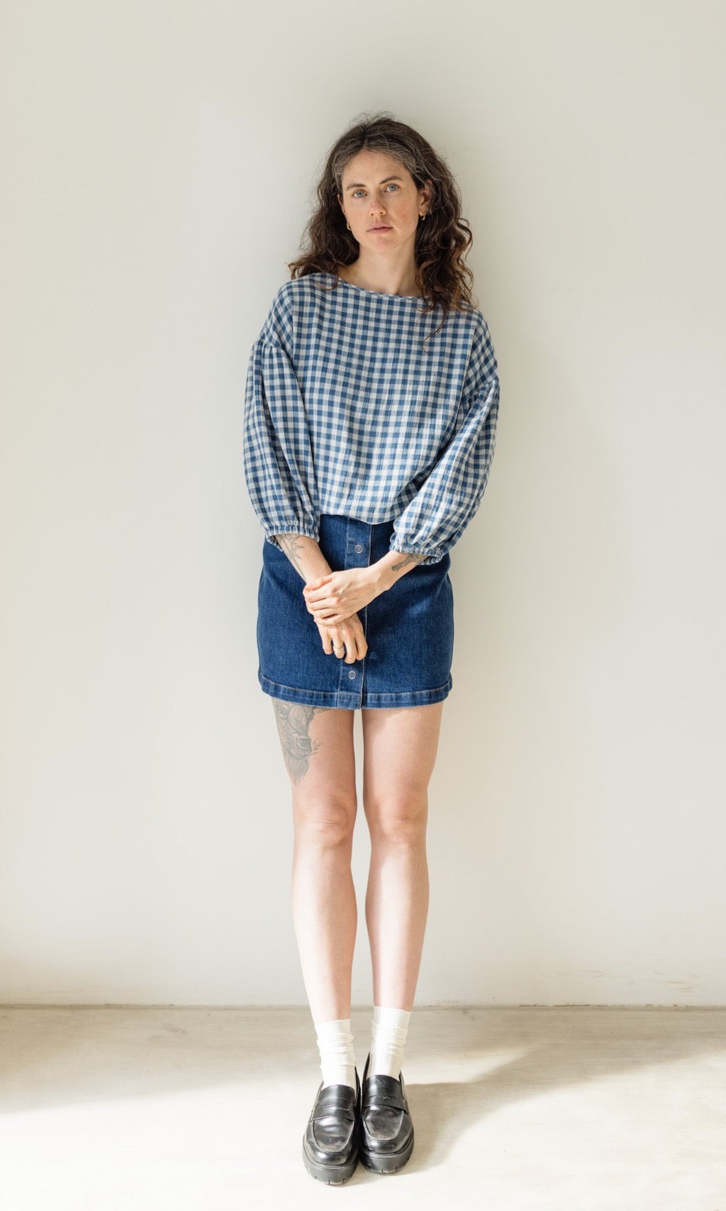Bluse April in Karo Blau - abricot coco