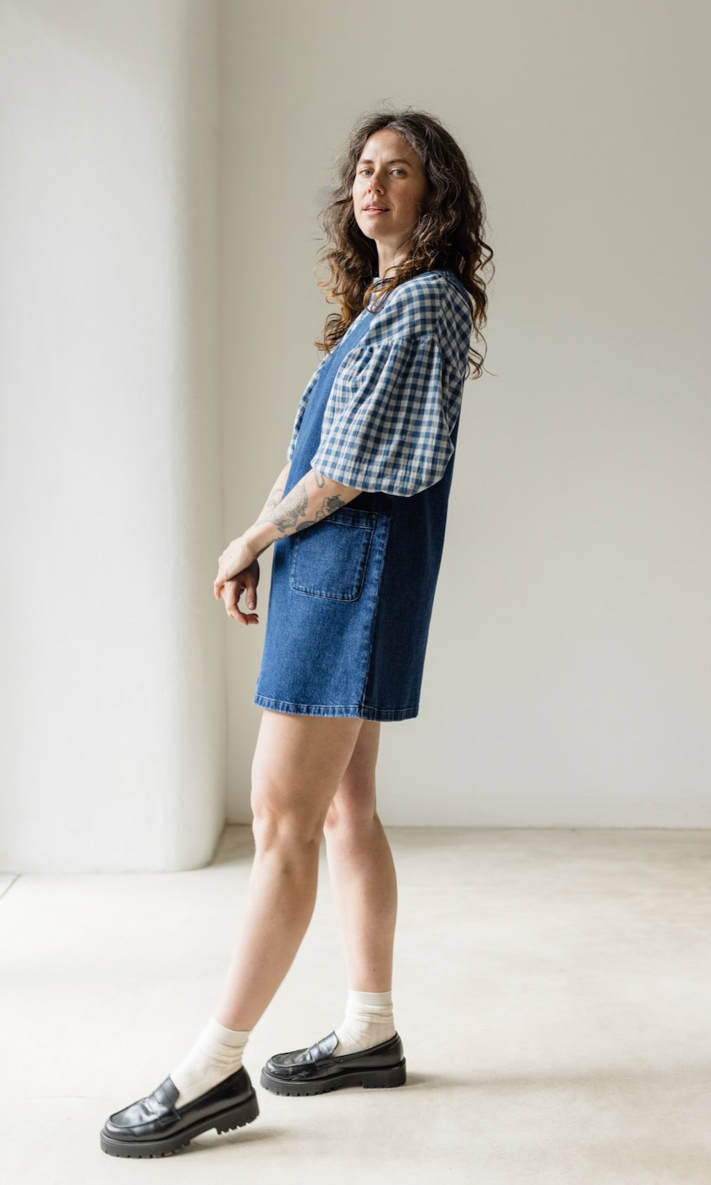 Bluse April in Karo Blau - abricot coco