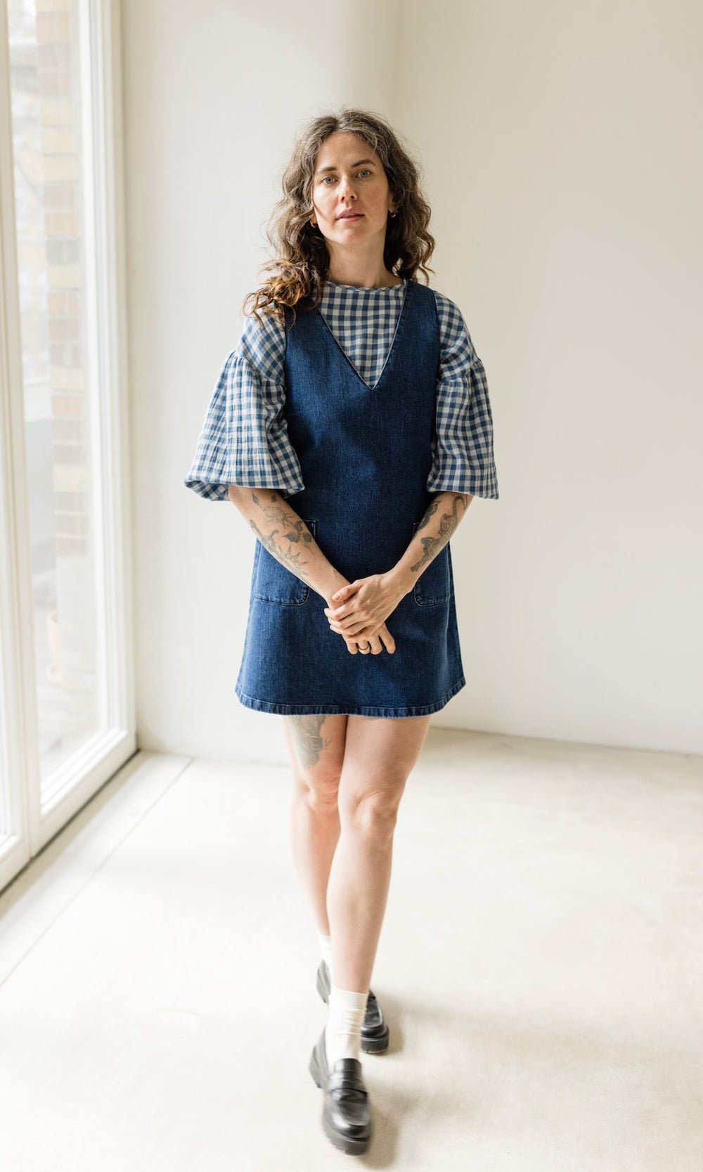 Bluse April in Karo Blau - abricot coco