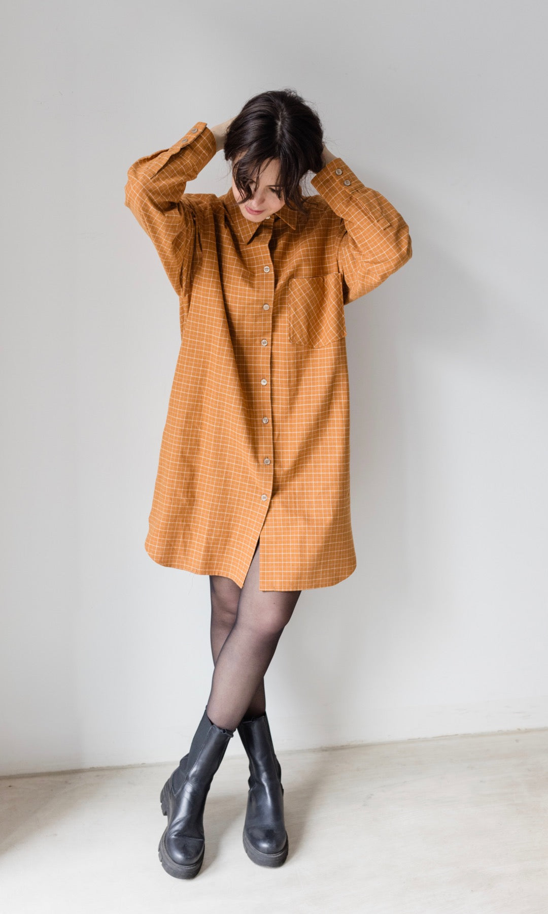 Hemdkleid oversized Karo Flanell Knopfleiste Brusttasche Kragen Manschetten weich orange