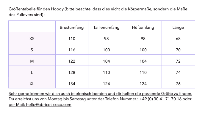 Stillhoodie in sesam weiß Größentabelle
