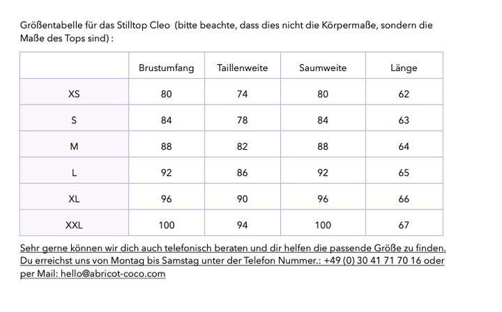 Stillshirt langarm Cléo mit Rollkragen in olive grün Größentabelle