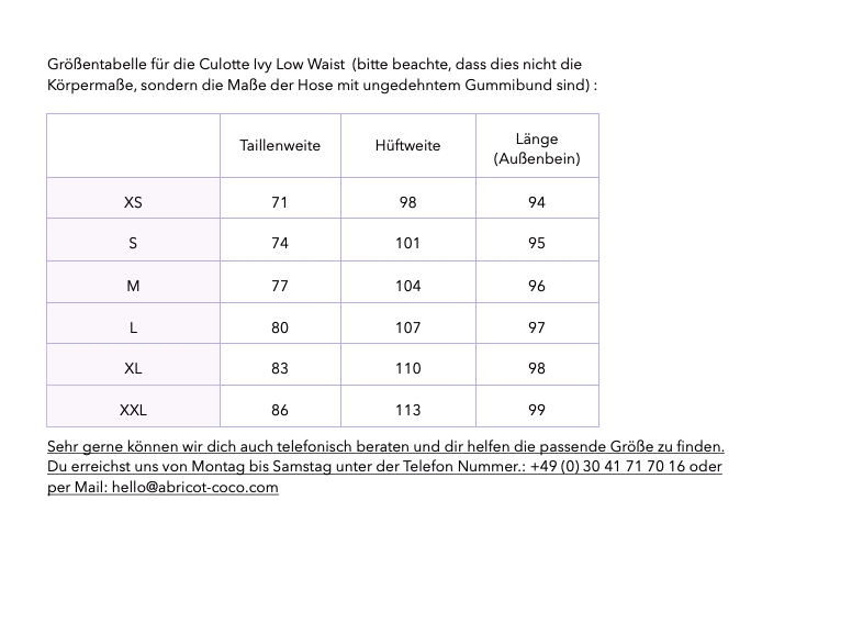 Umstandshose Ivy Culotte in blau - Größentabelle XS bis XXL