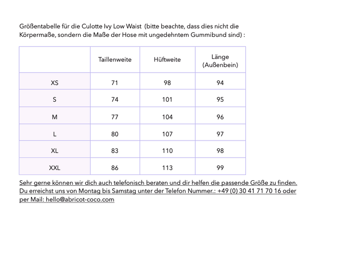 Umstandshose Ivy Culotte in blau - Größentabelle XS bis XXL