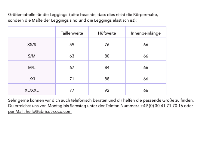 Umstandsleggings braun leo Print abricot coco Groessentabelle