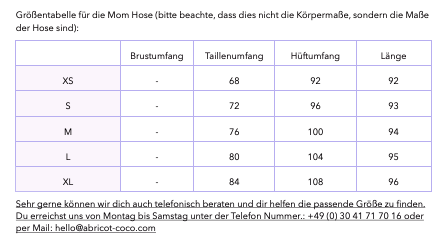 Schwarze Mom Umstandshose - Größentabelle von XS bis XL