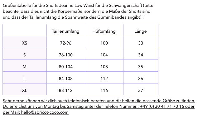 Umstandsshorts Jeanne in hellgrün - Größentabelle XS bis XL